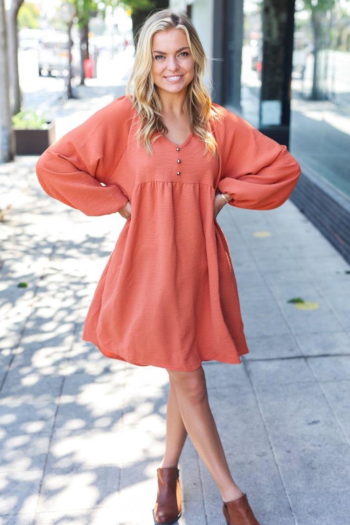 Beautiful You Rust Woven Waffle V Neck Babydoll Dress-Timber Brooke Boutique, Online Women's Fashion Boutique in Amarillo, Texas