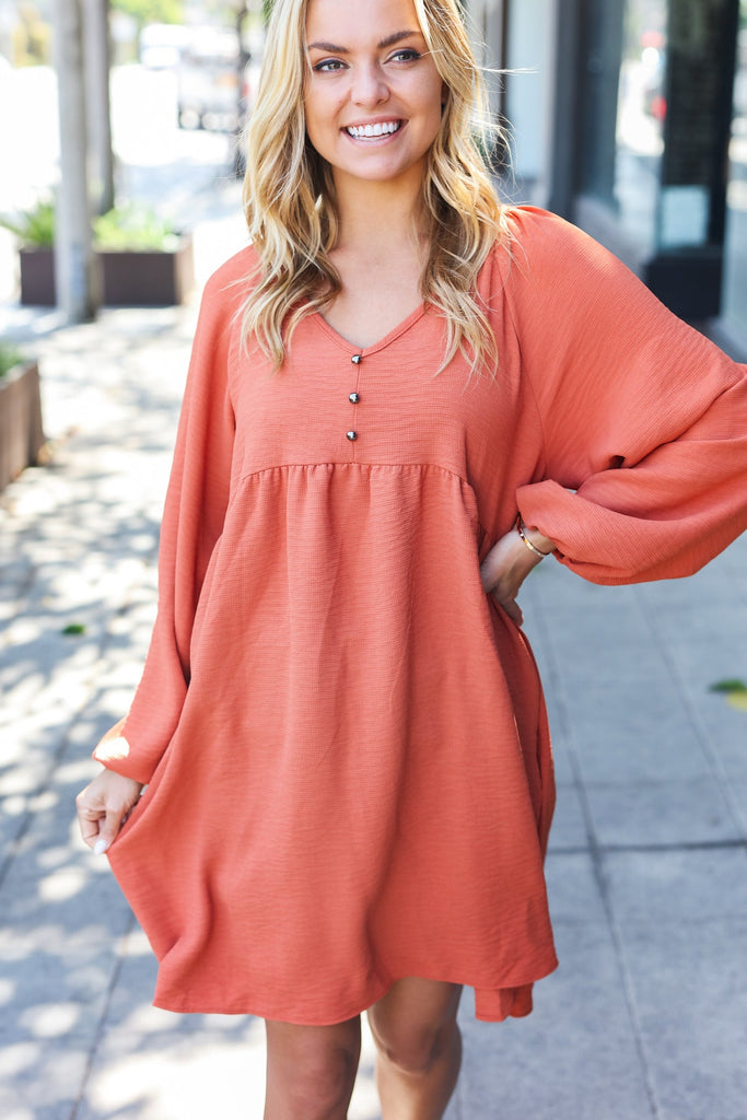 Beautiful You Rust Woven Waffle V Neck Babydoll Dress-Timber Brooke Boutique, Online Women's Fashion Boutique in Amarillo, Texas