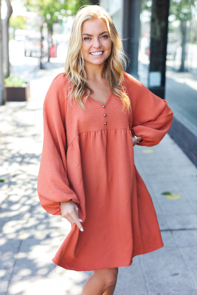 Beautiful You Rust Woven Waffle V Neck Babydoll Dress-Timber Brooke Boutique, Online Women's Fashion Boutique in Amarillo, Texas