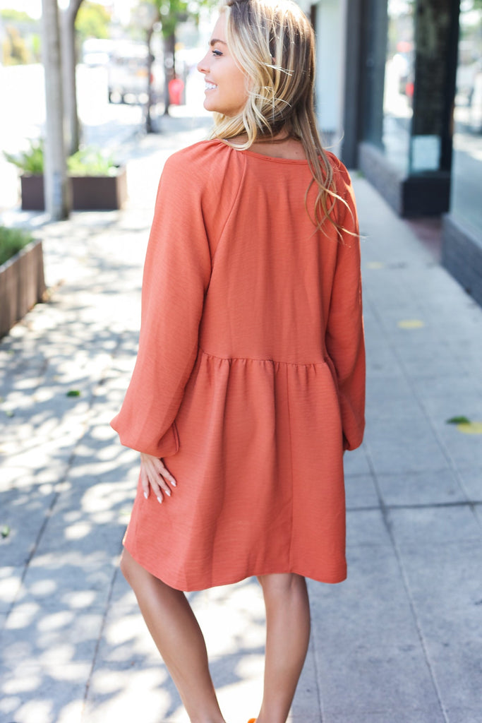 Beautiful You Rust Woven Waffle V Neck Babydoll Dress-Timber Brooke Boutique, Online Women's Fashion Boutique in Amarillo, Texas