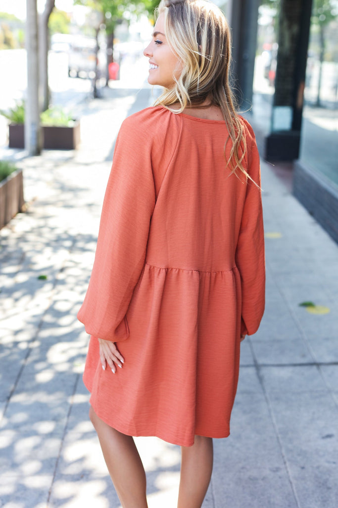 Beautiful You Rust Woven Waffle V Neck Babydoll Dress-Timber Brooke Boutique, Online Women's Fashion Boutique in Amarillo, Texas