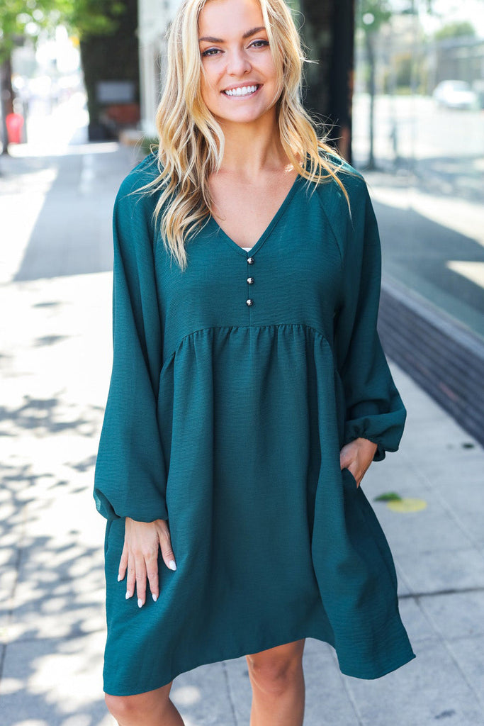 Beautiful You Hunter Green Woven Waffle V Neck Babydoll Dress-Timber Brooke Boutique, Online Women's Fashion Boutique in Amarillo, Texas