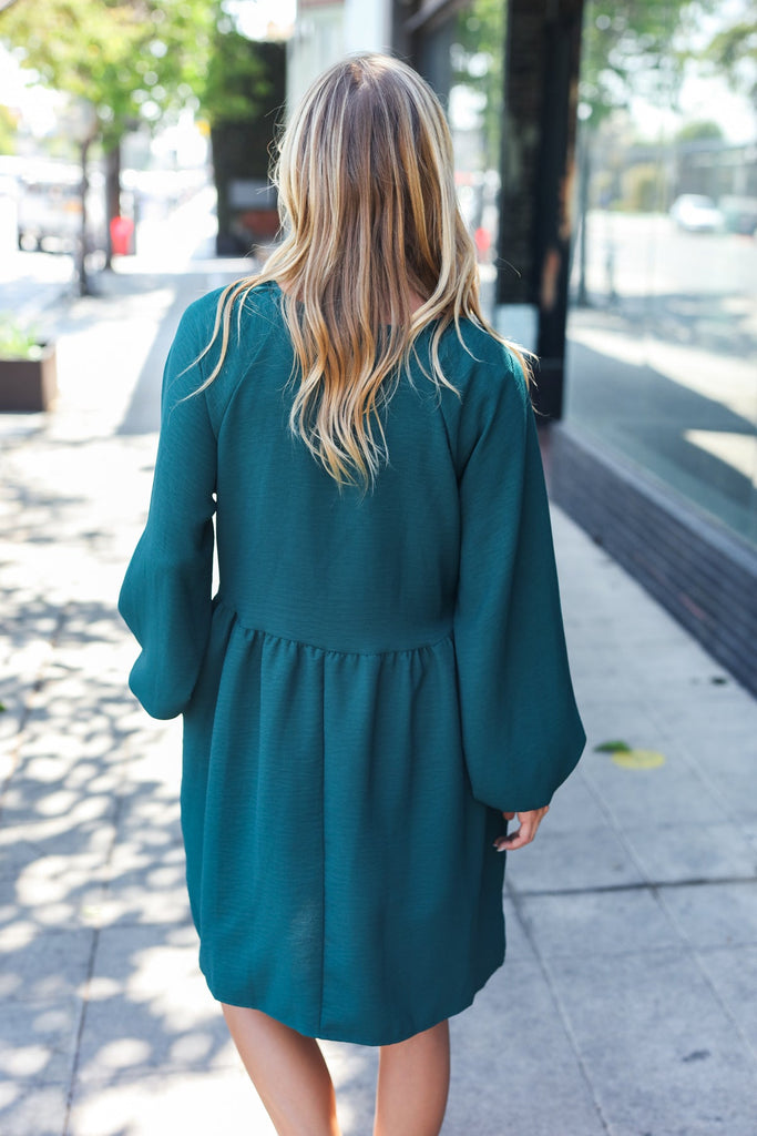 Beautiful You Hunter Green Woven Waffle V Neck Babydoll Dress-Timber Brooke Boutique, Online Women's Fashion Boutique in Amarillo, Texas