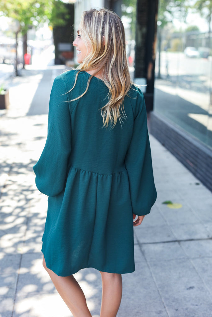 Beautiful You Hunter Green Woven Waffle V Neck Babydoll Dress-Timber Brooke Boutique, Online Women's Fashion Boutique in Amarillo, Texas