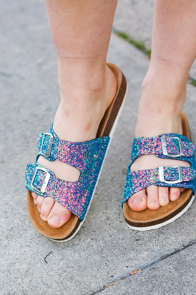 Teal Glitter Cork Bed Buckle Slip-On Sandals-Timber Brooke Boutique, Online Women's Fashion Boutique in Amarillo, Texas