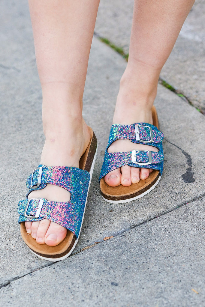 Teal Glitter Cork Bed Buckle Slip-On Sandals-Timber Brooke Boutique, Online Women's Fashion Boutique in Amarillo, Texas