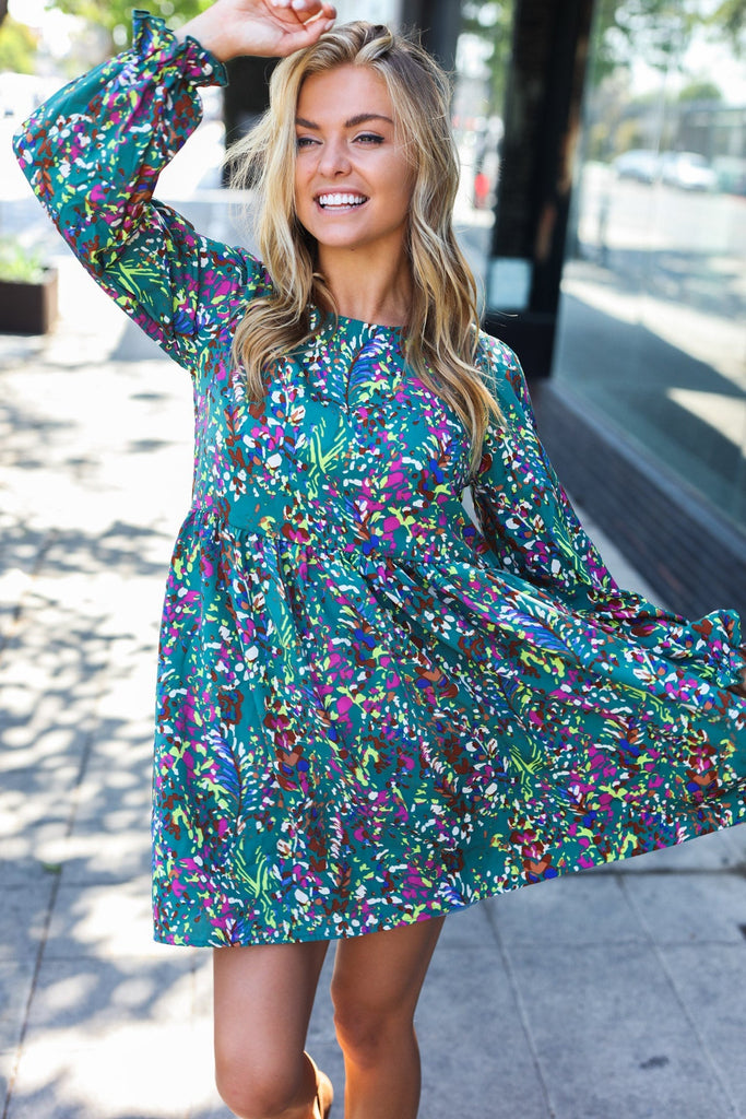 Spread Joy Hunter Green Floral Frill Sleeve Dress-Timber Brooke Boutique, Online Women's Fashion Boutique in Amarillo, Texas