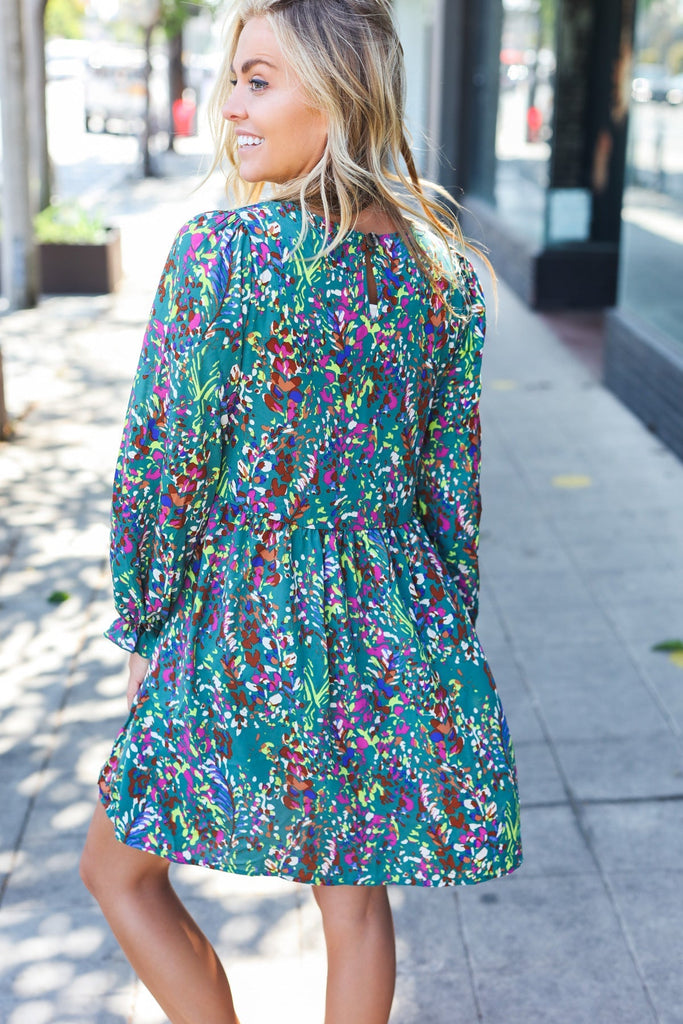 Spread Joy Hunter Green Floral Frill Sleeve Dress-Timber Brooke Boutique, Online Women's Fashion Boutique in Amarillo, Texas