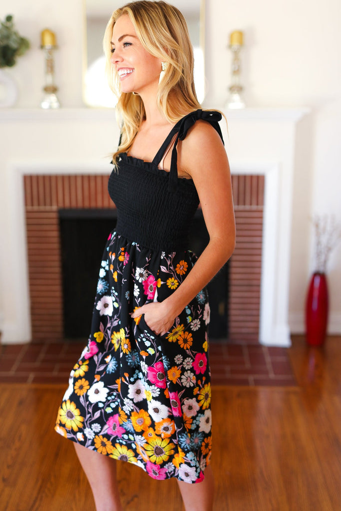 Give Your All Black Smocked Shoulder Tie Floral Print Dress-Timber Brooke Boutique, Online Women's Fashion Boutique in Amarillo, Texas