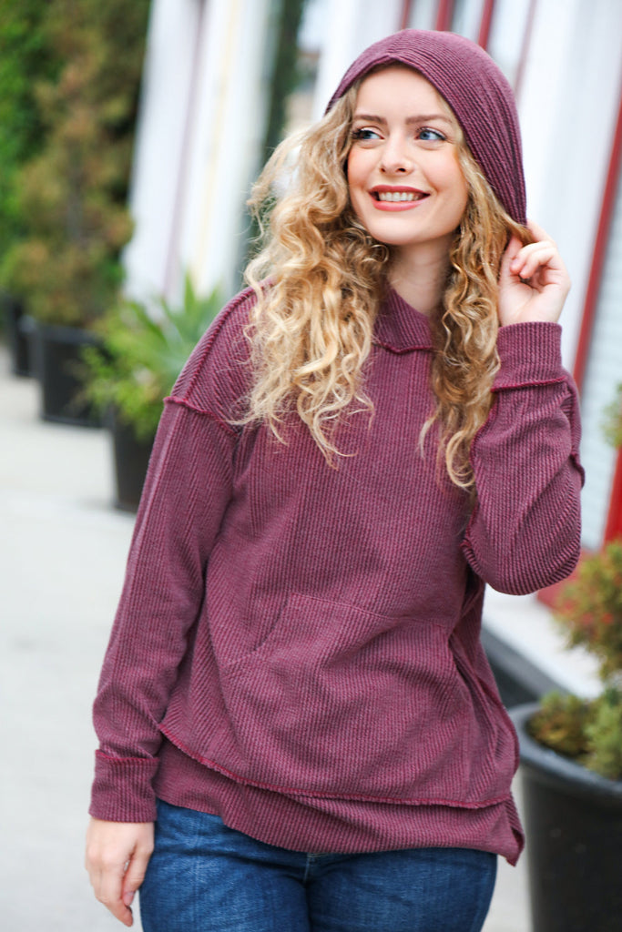 A New Day Burgundy Mineral Wash Rib Knit Hoodie-Timber Brooke Boutique, Online Women's Fashion Boutique in Amarillo, Texas