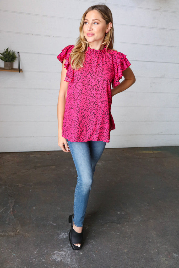 Fandango Leopard Print Mock Neck Flutter Sleeve Top-Timber Brooke Boutique, Online Women's Fashion Boutique in Amarillo, Texas