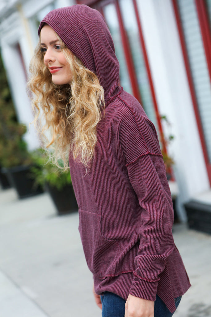 A New Day Burgundy Mineral Wash Rib Knit Hoodie-Timber Brooke Boutique, Online Women's Fashion Boutique in Amarillo, Texas