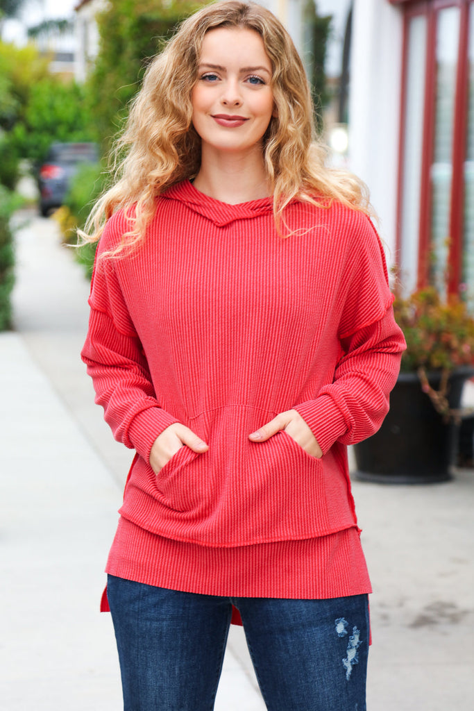 A New Day Red Mineral Wash Rib Knit Hoodie-Timber Brooke Boutique, Online Women's Fashion Boutique in Amarillo, Texas