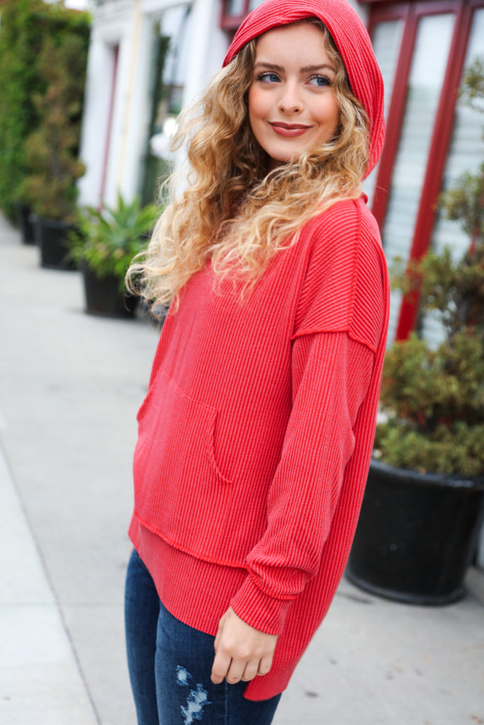 A New Day Red Mineral Wash Rib Knit Hoodie-Timber Brooke Boutique, Online Women's Fashion Boutique in Amarillo, Texas