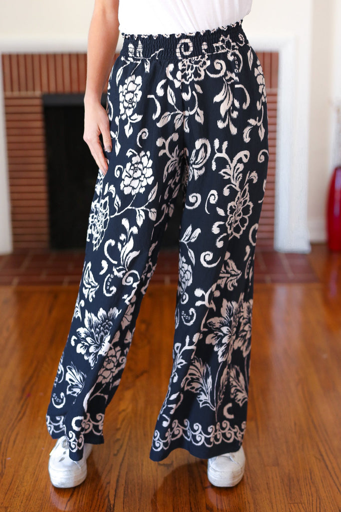 You Got This Black Paisley Floral Smocked Waist Palazzo Pants-Timber Brooke Boutique, Online Women's Fashion Boutique in Amarillo, Texas