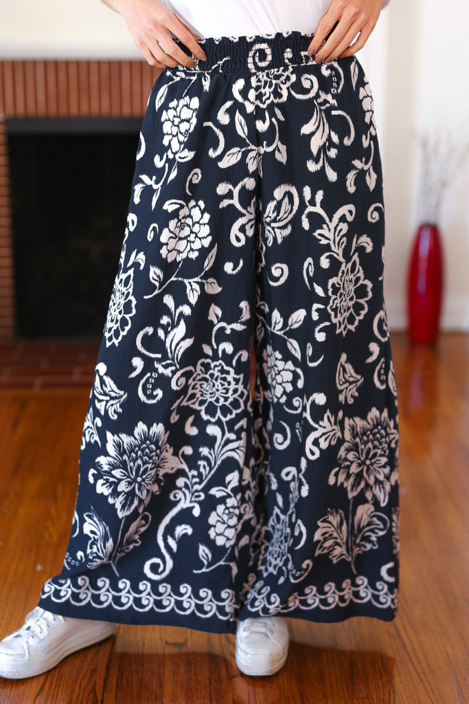 You Got This Black Paisley Floral Smocked Waist Palazzo Pants-Timber Brooke Boutique, Online Women's Fashion Boutique in Amarillo, Texas