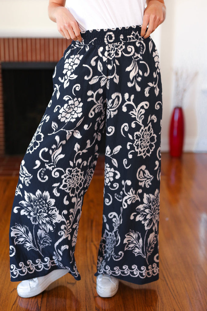 You Got This Black Paisley Floral Smocked Waist Palazzo Pants-Timber Brooke Boutique, Online Women's Fashion Boutique in Amarillo, Texas