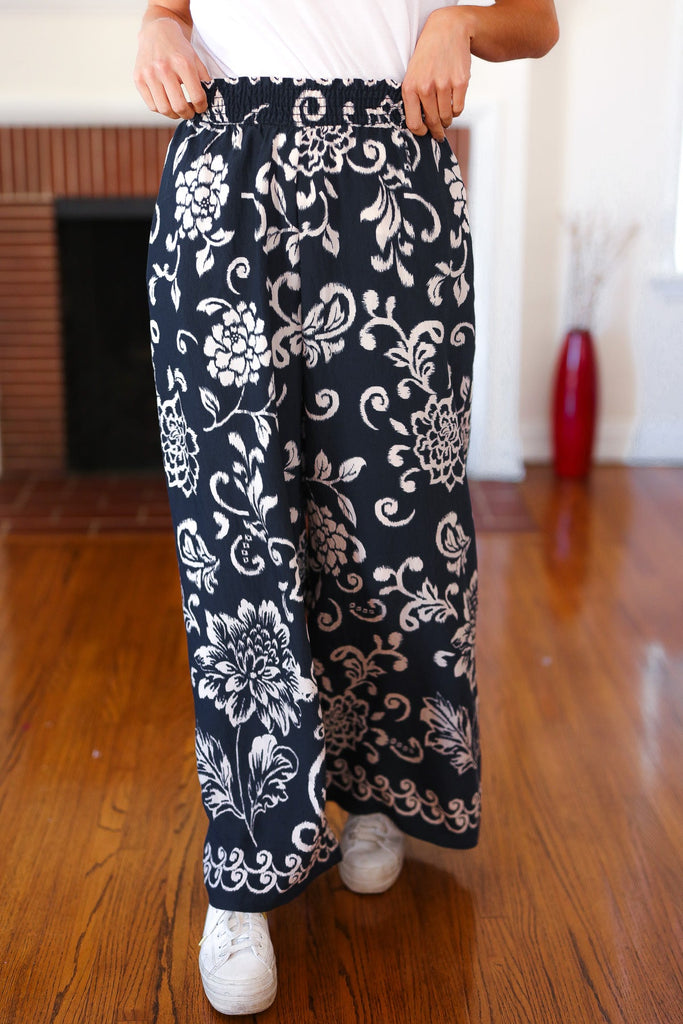 You Got This Black Paisley Floral Smocked Waist Palazzo Pants-Timber Brooke Boutique, Online Women's Fashion Boutique in Amarillo, Texas