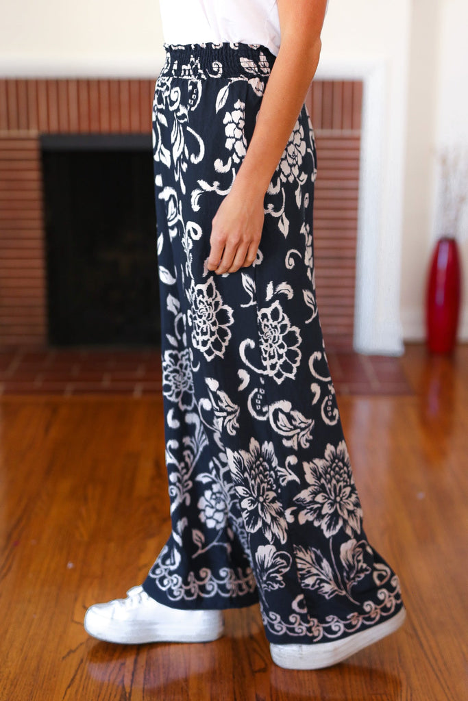 You Got This Black Paisley Floral Smocked Waist Palazzo Pants-Timber Brooke Boutique, Online Women's Fashion Boutique in Amarillo, Texas