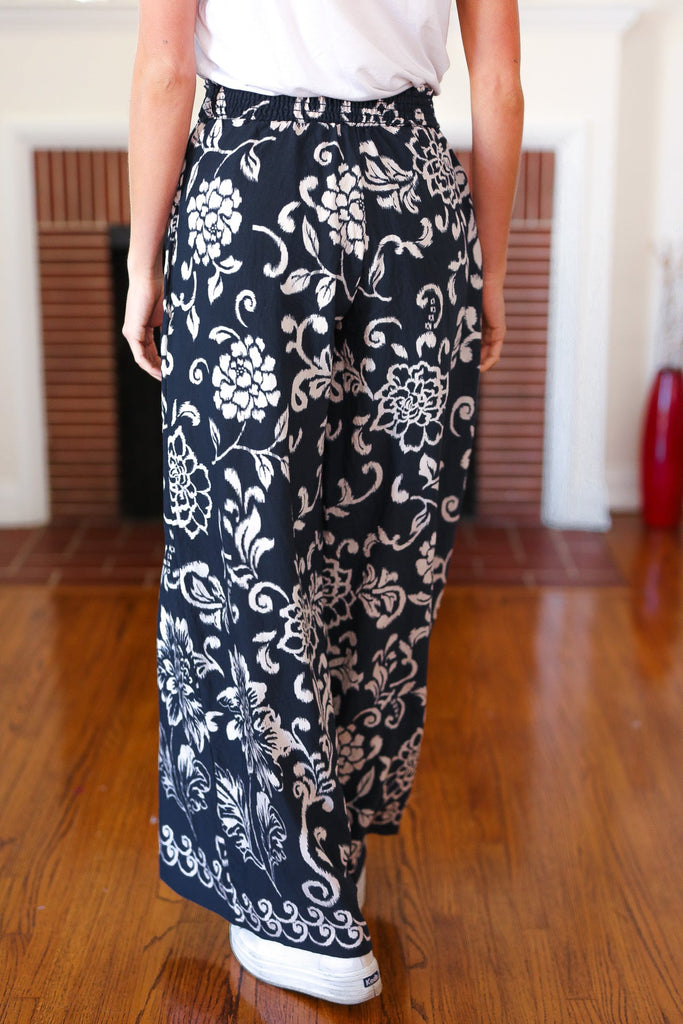 You Got This Black Paisley Floral Smocked Waist Palazzo Pants-Timber Brooke Boutique, Online Women's Fashion Boutique in Amarillo, Texas