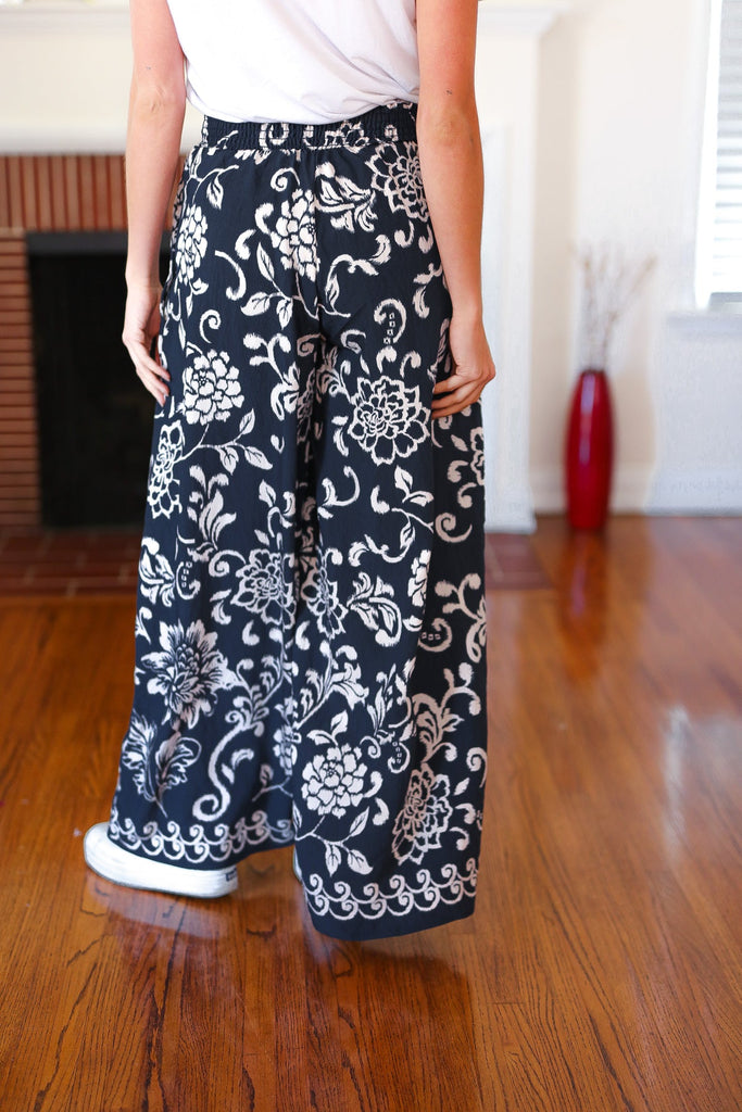 You Got This Black Paisley Floral Smocked Waist Palazzo Pants-Timber Brooke Boutique, Online Women's Fashion Boutique in Amarillo, Texas