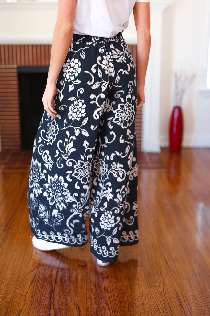 You Got This Black Paisley Floral Smocked Waist Palazzo Pants-Timber Brooke Boutique, Online Women's Fashion Boutique in Amarillo, Texas