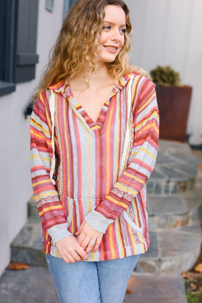 Be Bold Coral & Sienna Stripe Pullover Notched Neck Hoodie-Timber Brooke Boutique, Online Women's Fashion Boutique in Amarillo, Texas
