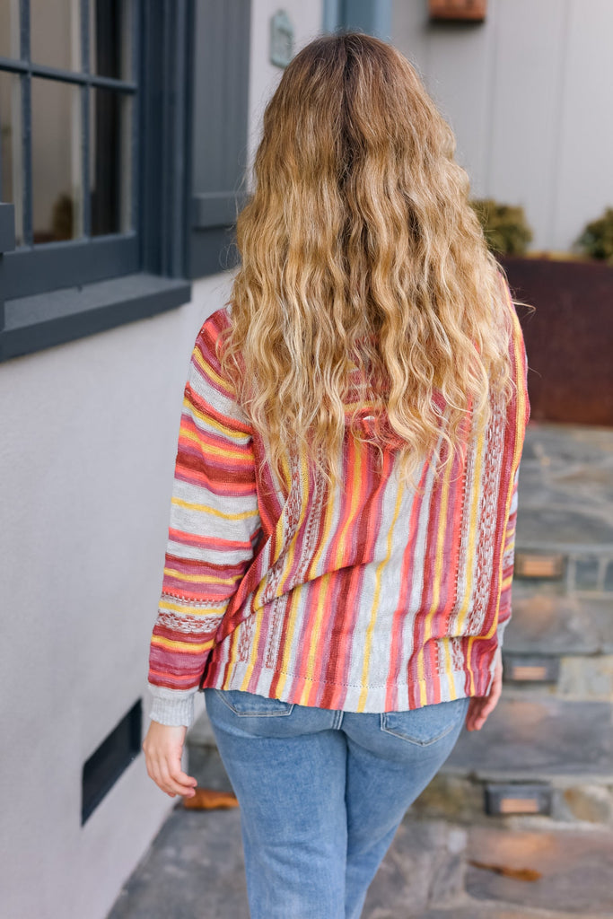 Be Bold Coral & Sienna Stripe Pullover Notched Neck Hoodie-Timber Brooke Boutique, Online Women's Fashion Boutique in Amarillo, Texas