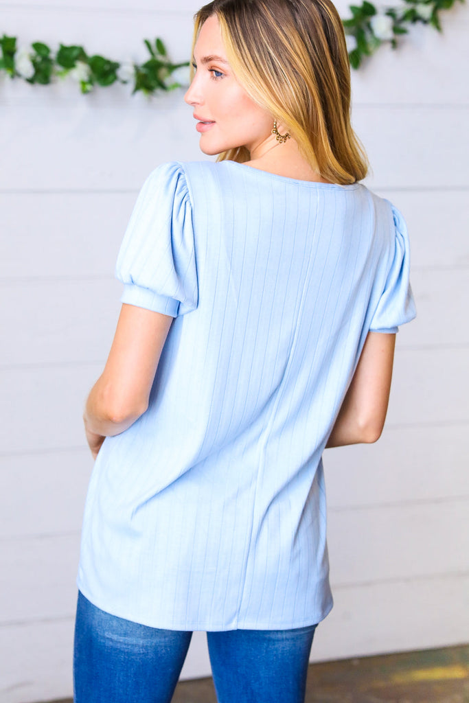 Light Blue Wide Rib Puff Sleeve Top-Timber Brooke Boutique, Online Women's Fashion Boutique in Amarillo, Texas