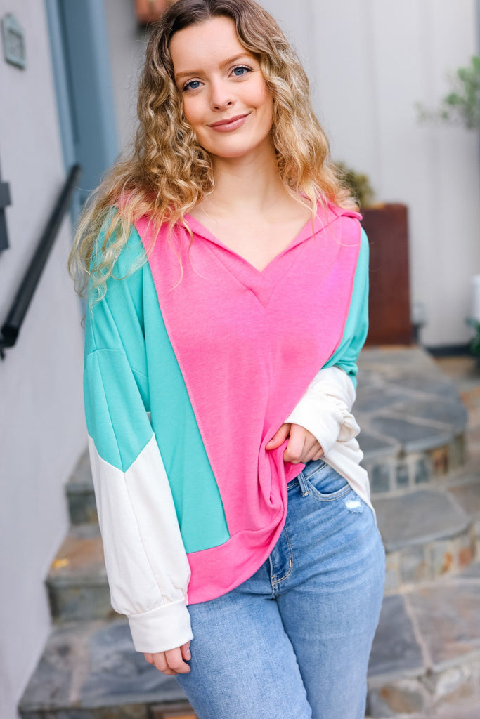 Stand Out Hot Pink & Mint V Neck Collared Terry Color Block Top-Timber Brooke Boutique, Online Women's Fashion Boutique in Amarillo, Texas