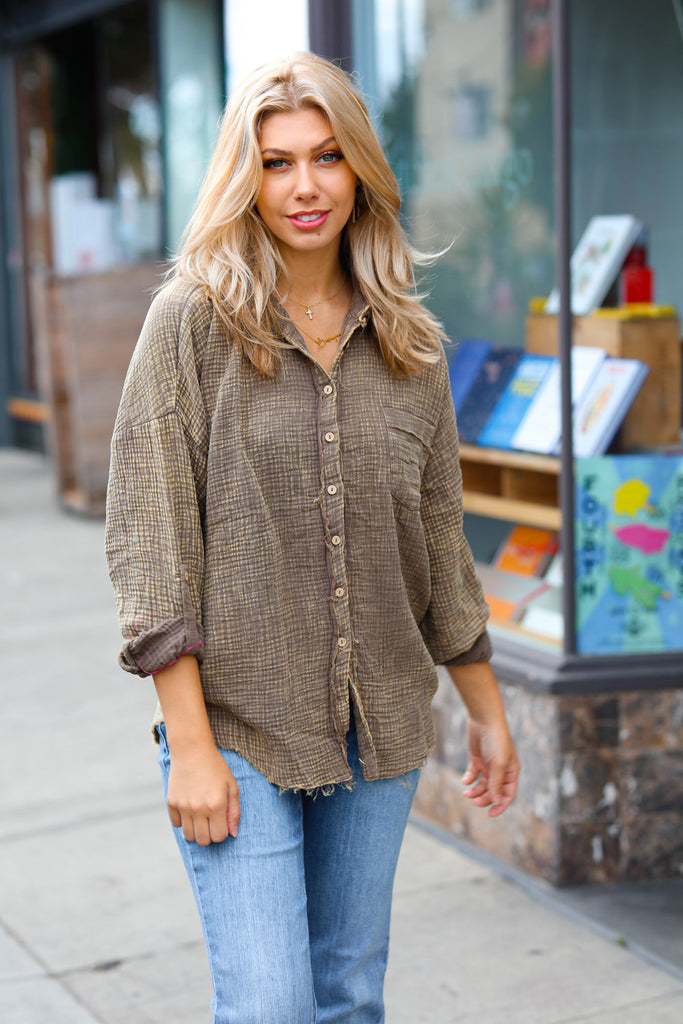 Mocha Washed Cotton Gauze Button Down Shirt-Timber Brooke Boutique, Online Women's Fashion Boutique in Amarillo, Texas