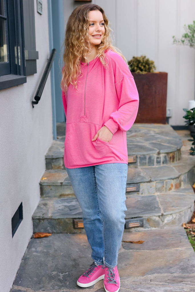 Ready to Relax Hot Pink Half Zip French Terry Hoodie-Timber Brooke Boutique, Online Women's Fashion Boutique in Amarillo, Texas