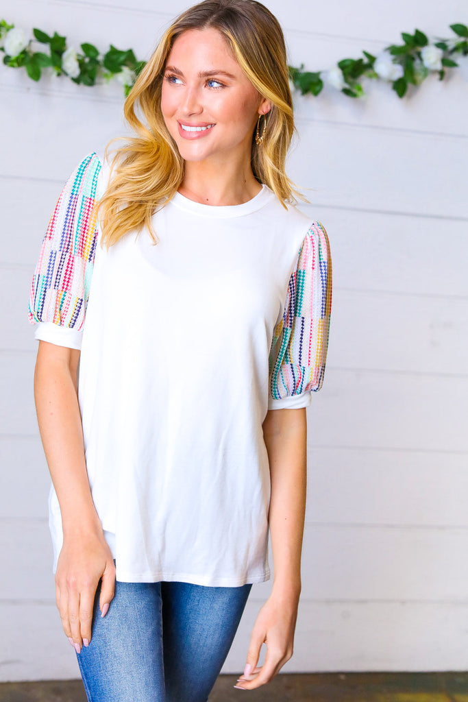 Ivory Multicolor Vertical Stripe Puff Sleeve Top-Timber Brooke Boutique, Online Women's Fashion Boutique in Amarillo, Texas
