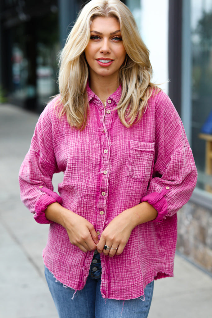 Magenta Washed Cotton Gauze Button Down Shirt-Timber Brooke Boutique, Online Women's Fashion Boutique in Amarillo, Texas
