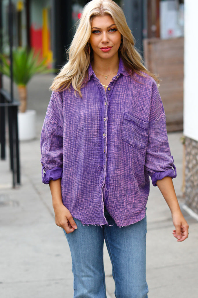 Violet Washed Cotton Gauze Button Down Shirt-Timber Brooke Boutique, Online Women's Fashion Boutique in Amarillo, Texas