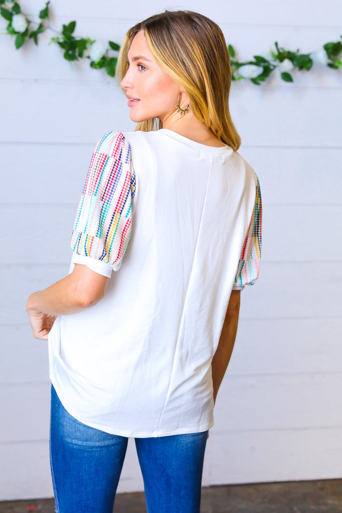 Ivory Multicolor Vertical Stripe Puff Sleeve Top-Timber Brooke Boutique, Online Women's Fashion Boutique in Amarillo, Texas
