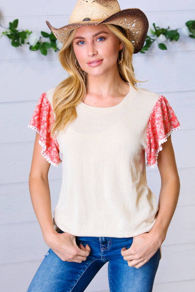 Coral & Sand Floral Short Flutter Sleeve Top-Timber Brooke Boutique, Online Women's Fashion Boutique in Amarillo, Texas