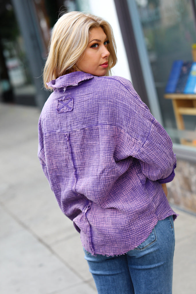 Violet Washed Cotton Gauze Button Down Shirt-Timber Brooke Boutique, Online Women's Fashion Boutique in Amarillo, Texas