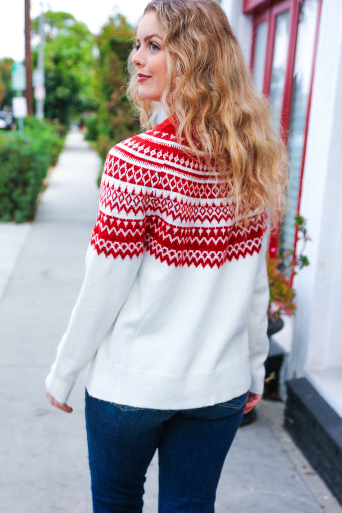 Feeling Festive Ivory & Red Fair Isle Mock Neck Sweater-Timber Brooke Boutique, Online Women's Fashion Boutique in Amarillo, Texas