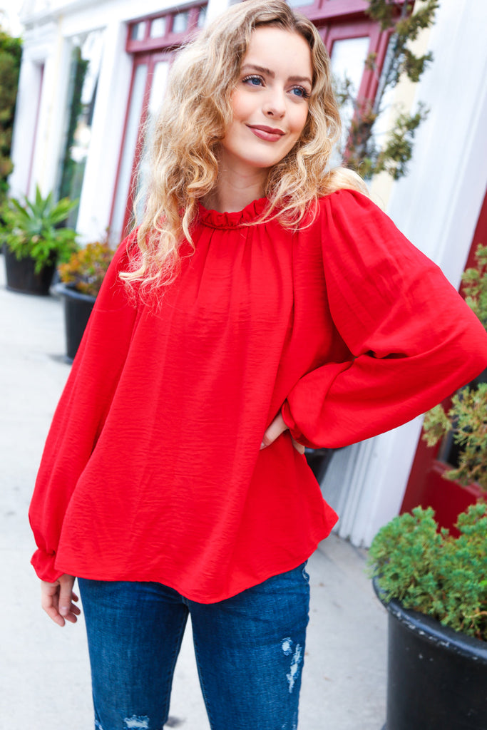 Be Merry Red Frill Mock Neck Crinkle Woven Top-Timber Brooke Boutique, Online Women's Fashion Boutique in Amarillo, Texas