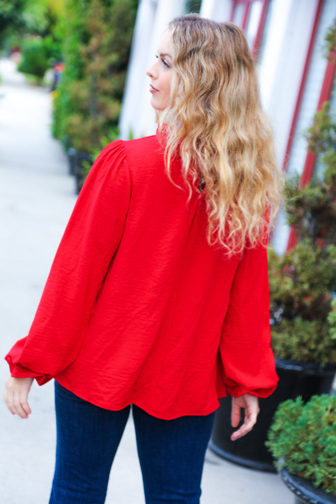 Be Merry Red Frill Mock Neck Crinkle Woven Top-Timber Brooke Boutique, Online Women's Fashion Boutique in Amarillo, Texas