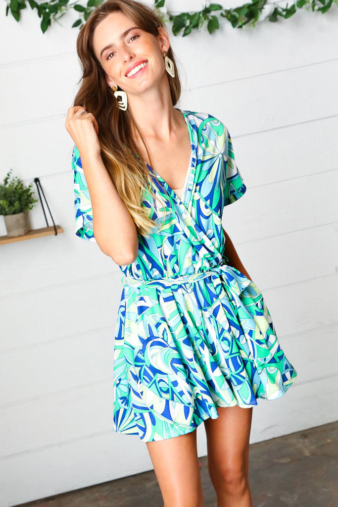 Green & Blue Geometric Print Surplice Romper-Jumpsuits and Rompers-Timber Brooke Boutique, Online Women's Fashion Boutique in Amarillo, Texas