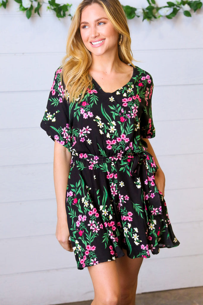 Black & Floral Surplice Short Sleeve Pocketed Romper-Timber Brooke Boutique, Online Women's Fashion Boutique in Amarillo, Texas
