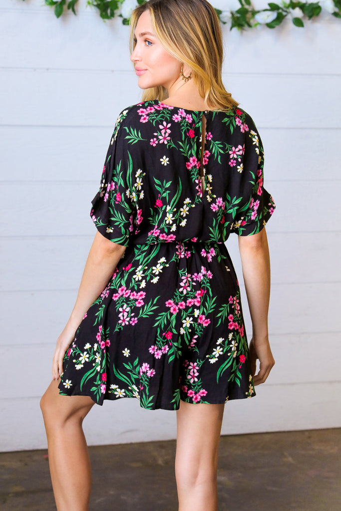 Black & Floral Surplice Short Sleeve Pocketed Romper-Timber Brooke Boutique, Online Women's Fashion Boutique in Amarillo, Texas