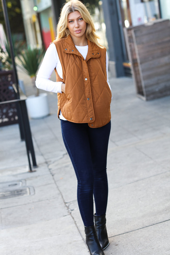 Camel High Neck Quilted Puffer Vest-Timber Brooke Boutique, Online Women's Fashion Boutique in Amarillo, Texas