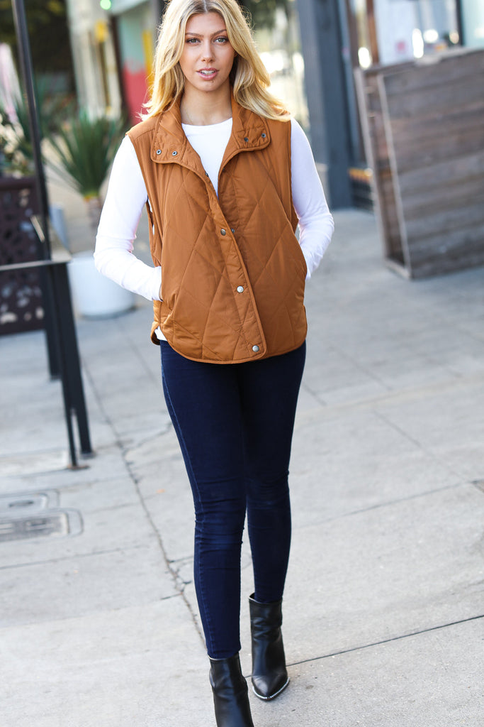 Camel High Neck Quilted Puffer Vest-Timber Brooke Boutique, Online Women's Fashion Boutique in Amarillo, Texas