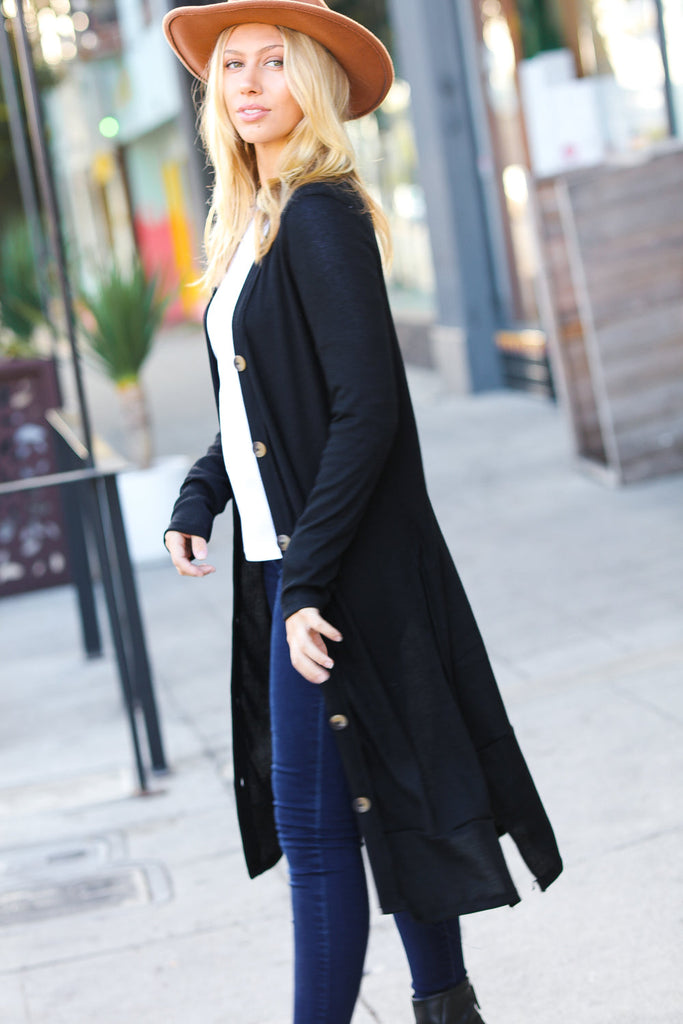 Black Ribbed Longline Cardigan-Timber Brooke Boutique, Online Women's Fashion Boutique in Amarillo, Texas