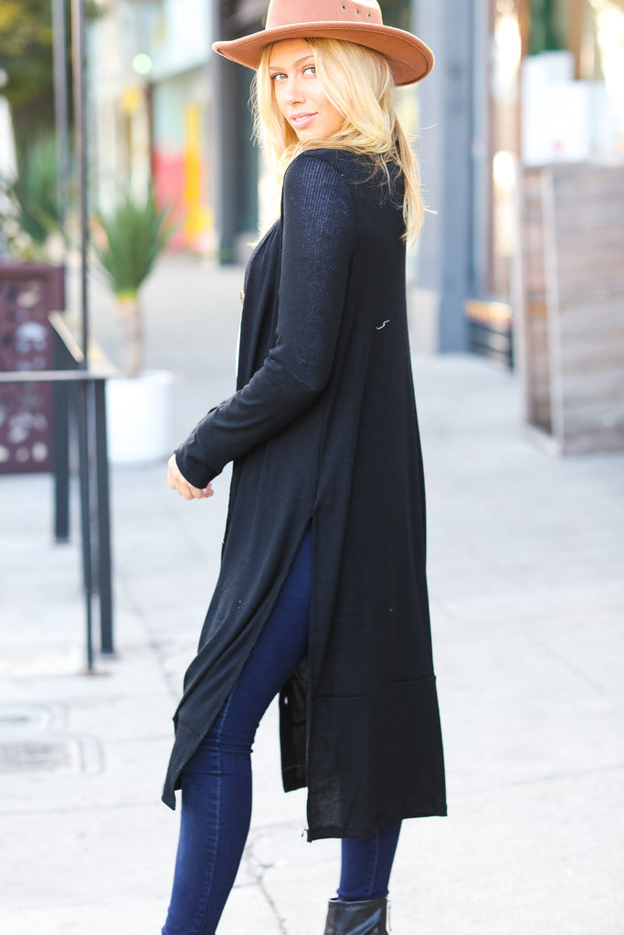 Black Ribbed Longline Cardigan-Timber Brooke Boutique, Online Women's Fashion Boutique in Amarillo, Texas
