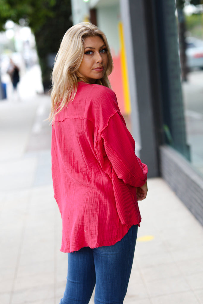 Magenta Gauze & Waffle Henley Oversized Top-Timber Brooke Boutique, Online Women's Fashion Boutique in Amarillo, Texas