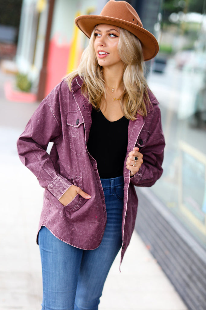 Eggplant Cotton Oversized Vintage Lightweight Washed Shacket-Timber Brooke Boutique, Online Women's Fashion Boutique in Amarillo, Texas